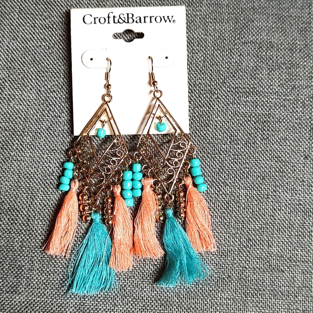 😻 3 For $15 Golden Diamond Filigree Beaded Turquoise & Peach Tassel Earrings